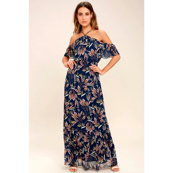 Lulus Maxi Dress Small Blue Tropical Floral Off Shoulder Halter Trip to Paradise - Picture 1 of 12